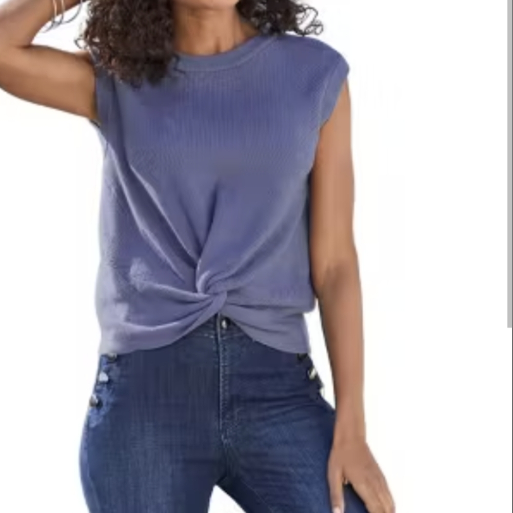 NWT Bishop + Young Bonita Crop Twist Short Sleeve Blue Ribbed Sweater XS-S-M-L